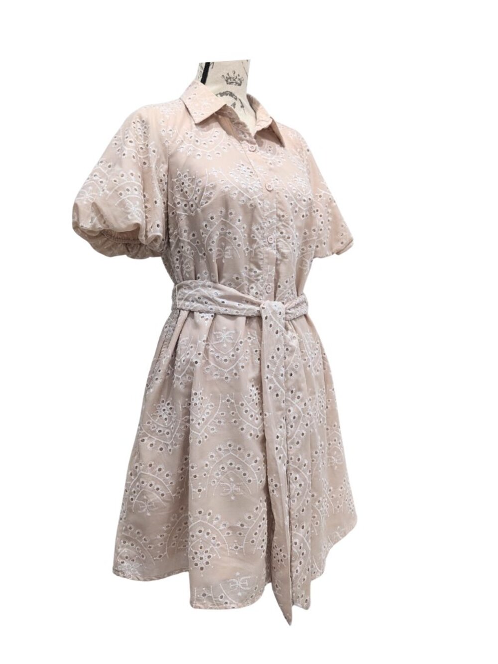 Sam Edelman Eyelet Puff Sleeve Shirt Dress Natural Size 4 NWT Belted - Picture 3 of 11